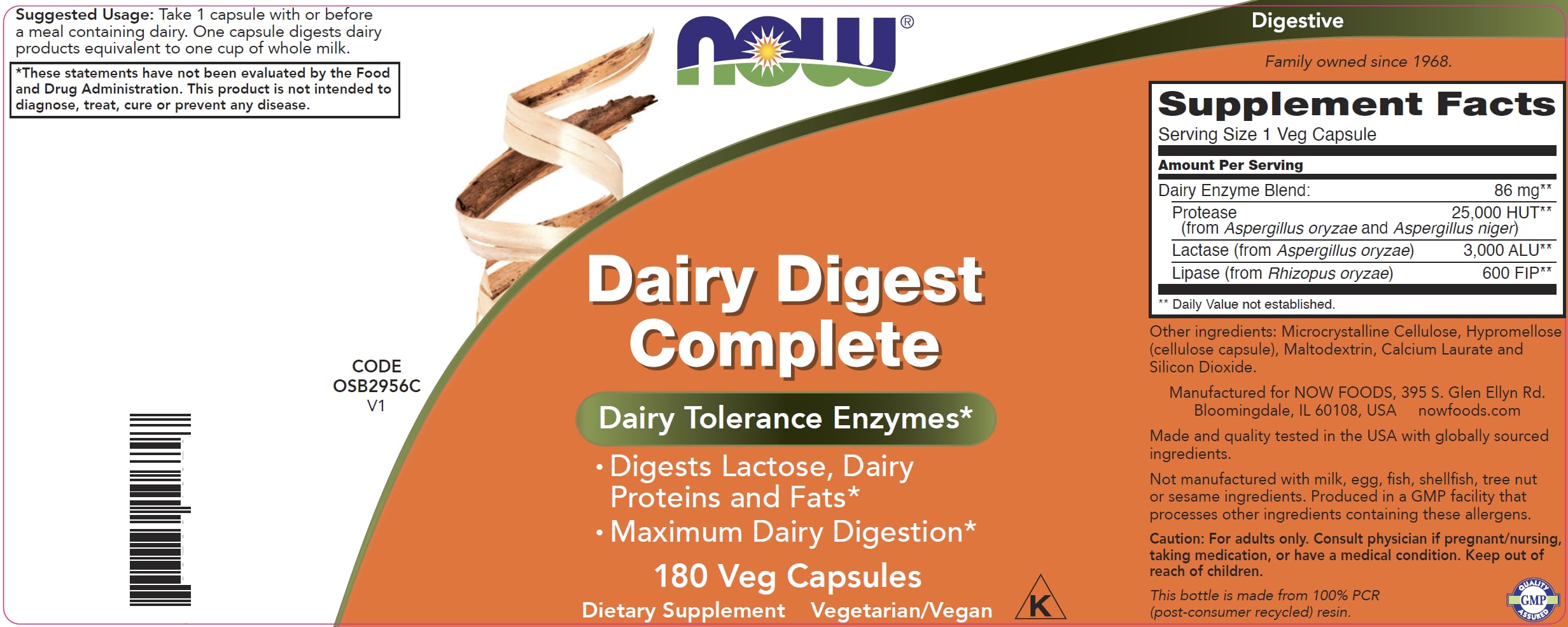 NOW Dairy Digest bote en mano para mostrar tamaño y cantidad de cápsulas