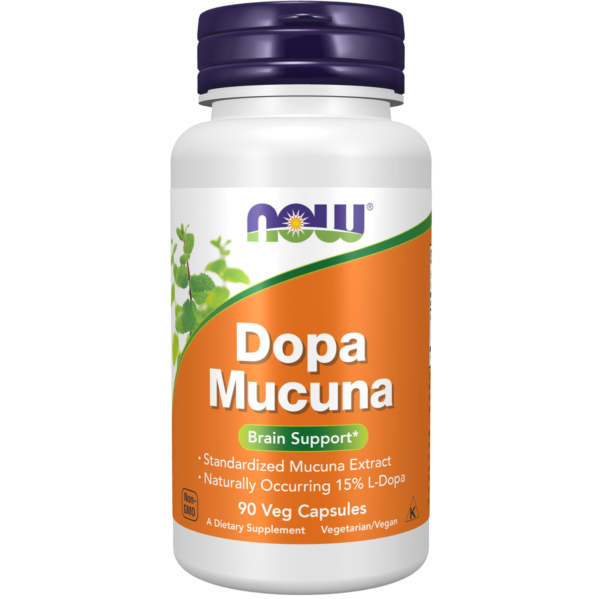 NOW DOPA Mucuna frasco frontal mostrando diseño y cantidad 90 cápsulas, confianza en calidad