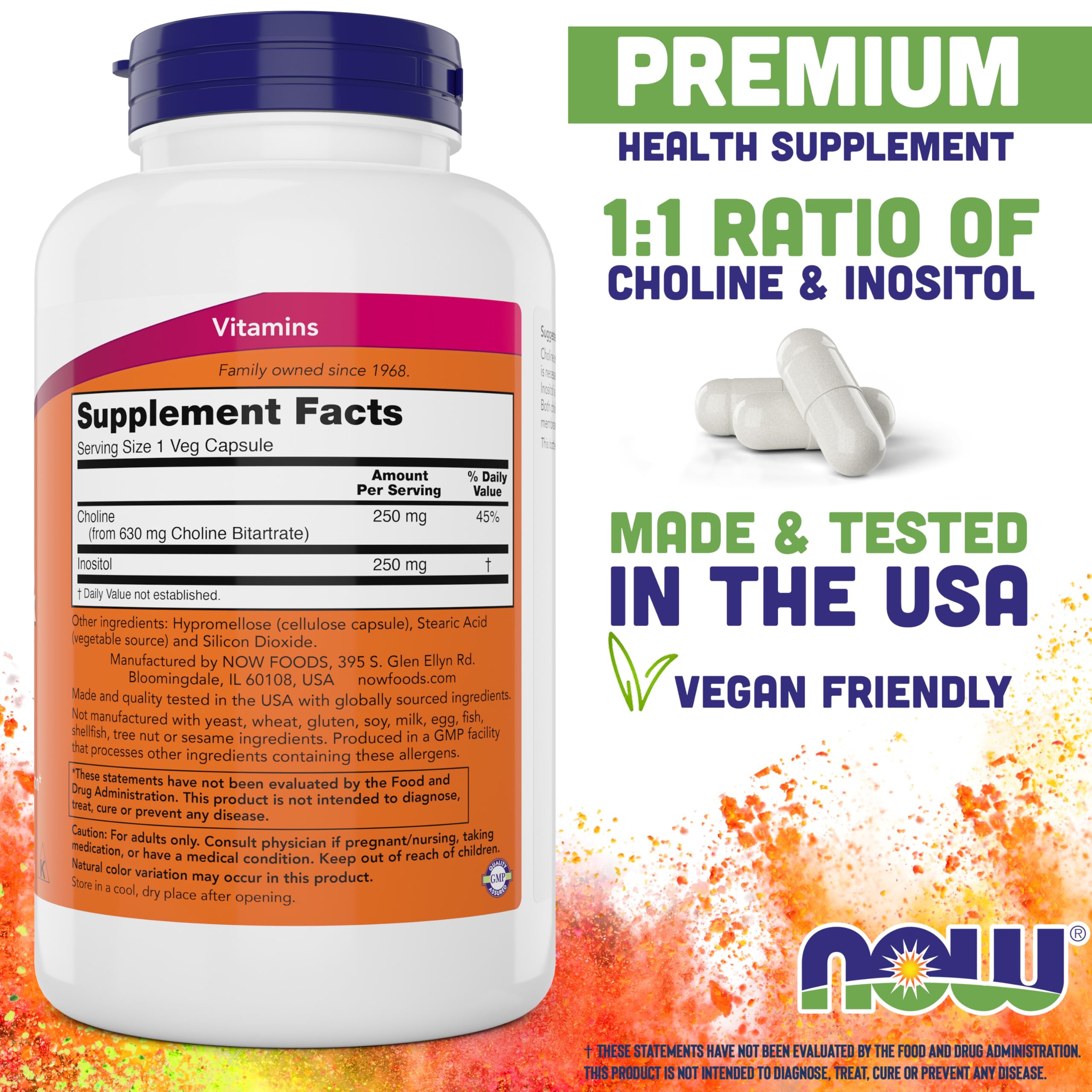 NOW Choline & Inositol etiqueta trasera mostrando ingredientes y dosis