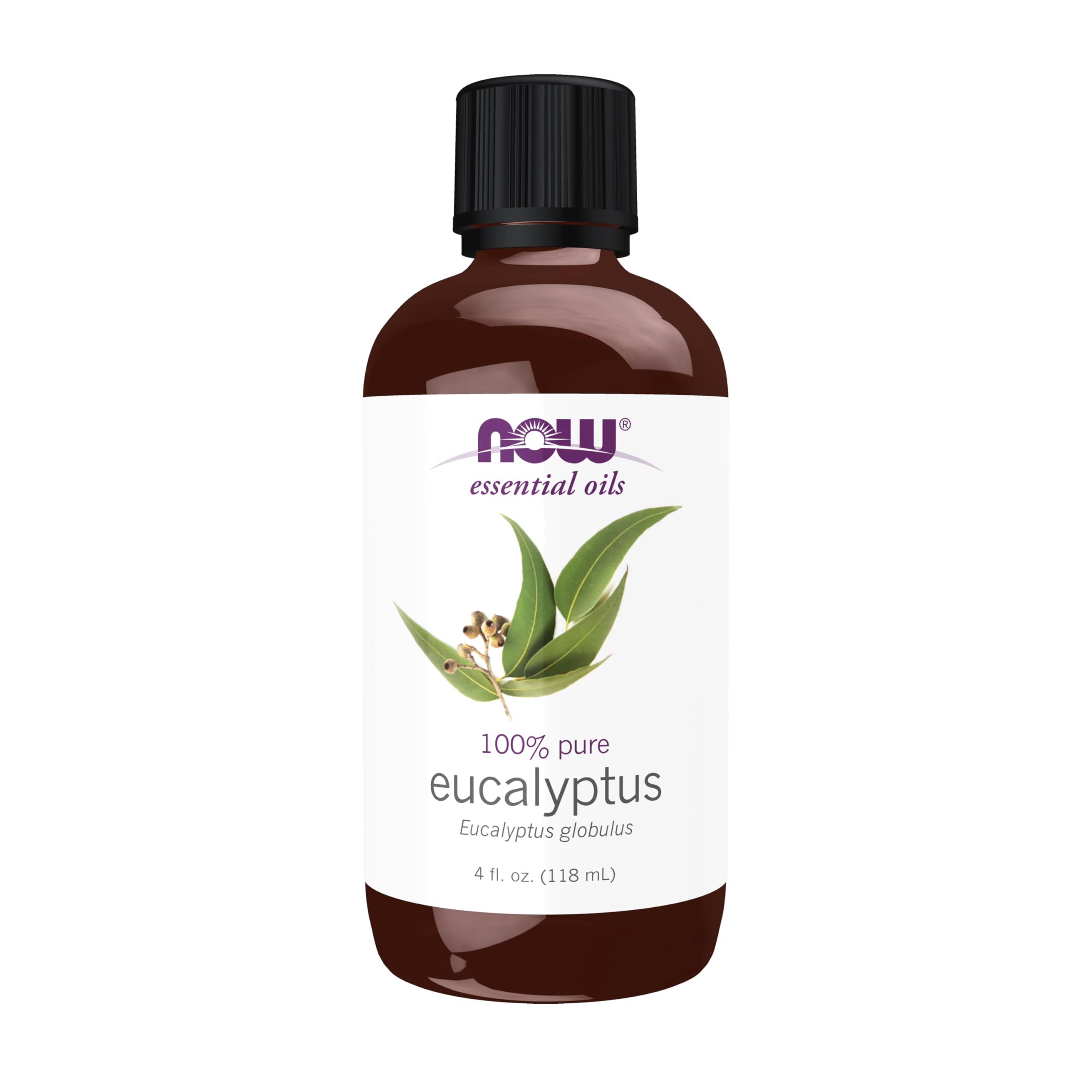 NOW aceite eucalipto frasco frontal mostrando volumen y etiqueta clara