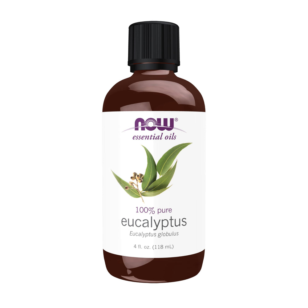 NOW aceite eucalipto frasco frontal mostrando volumen y etiqueta clara