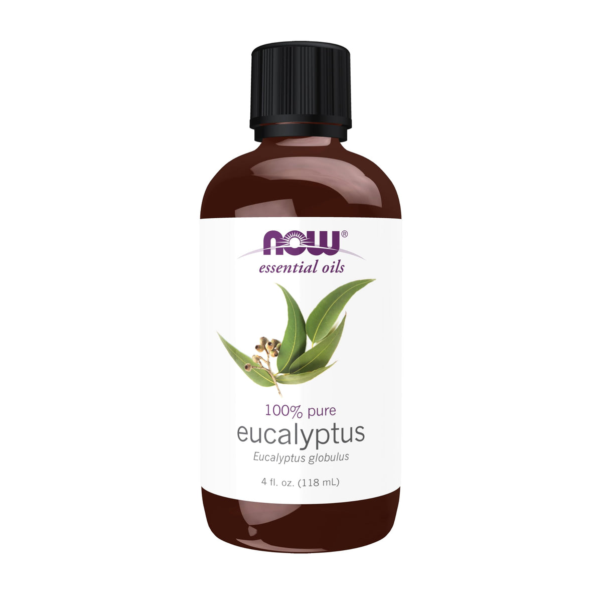 NOW aceite eucalipto frasco frontal mostrando volumen y etiqueta clara