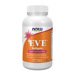 NOW Foods empaque frontal del multivitamínico Eve, visión clara del producto y beneficios