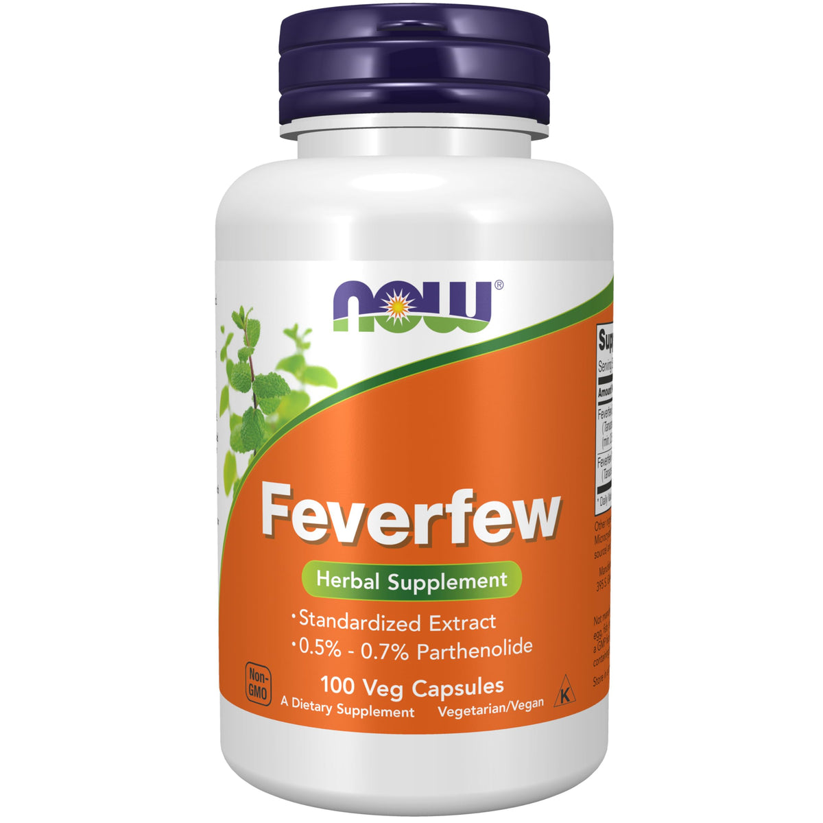 NOW Feverfew vista frontal del envase y cápsulas visibles, confianza de marca