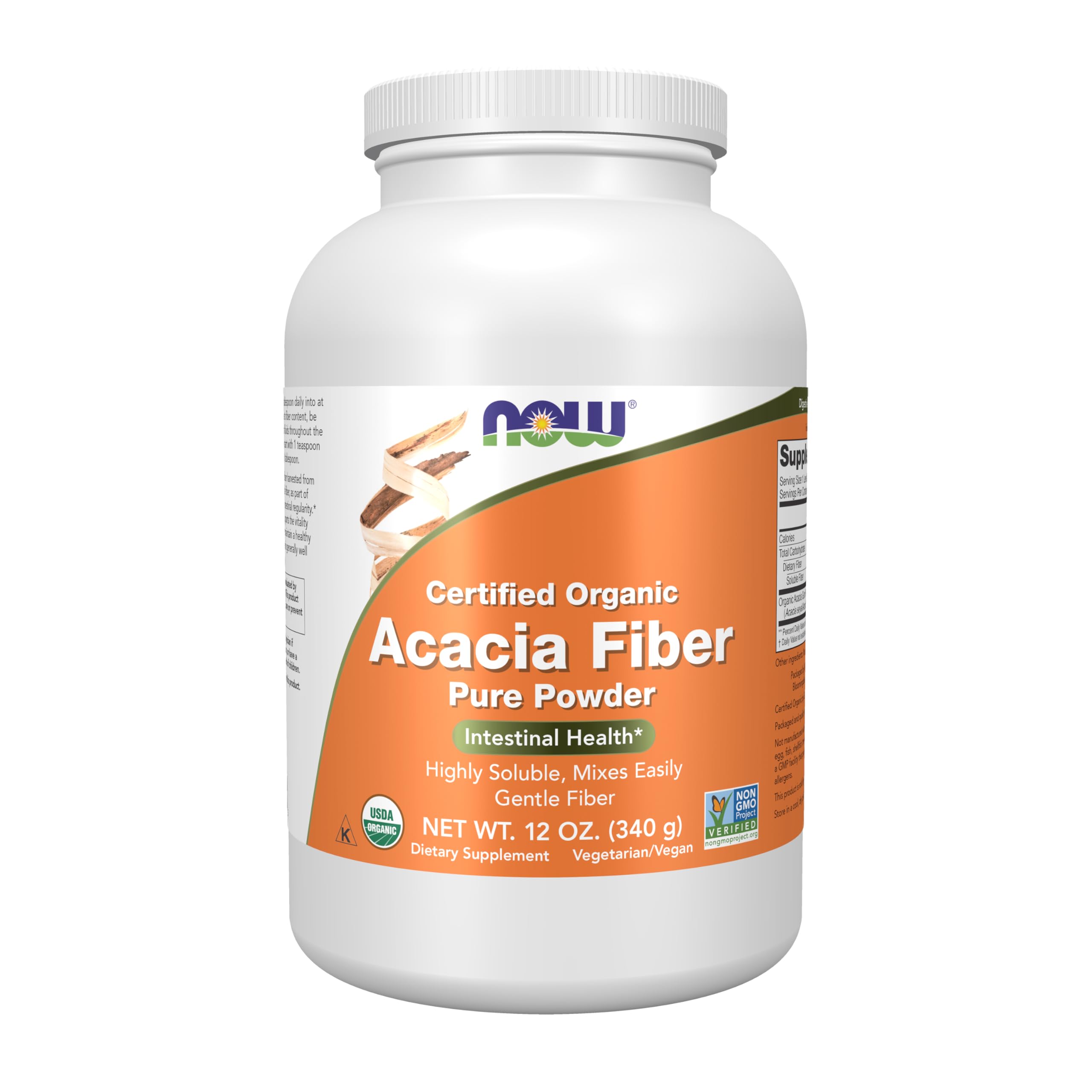 NOW Foods envase frontal de Acacia Powder mostrando tamaño y marca, presencia confiable