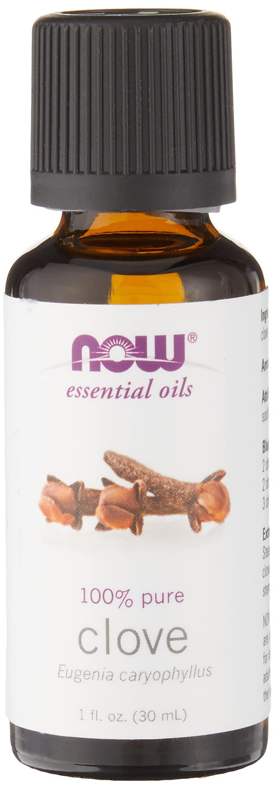 NOW Foods botella frontal de aceite de clavo mostrando etiqueta y tamaño; ideal para aromaterapia
