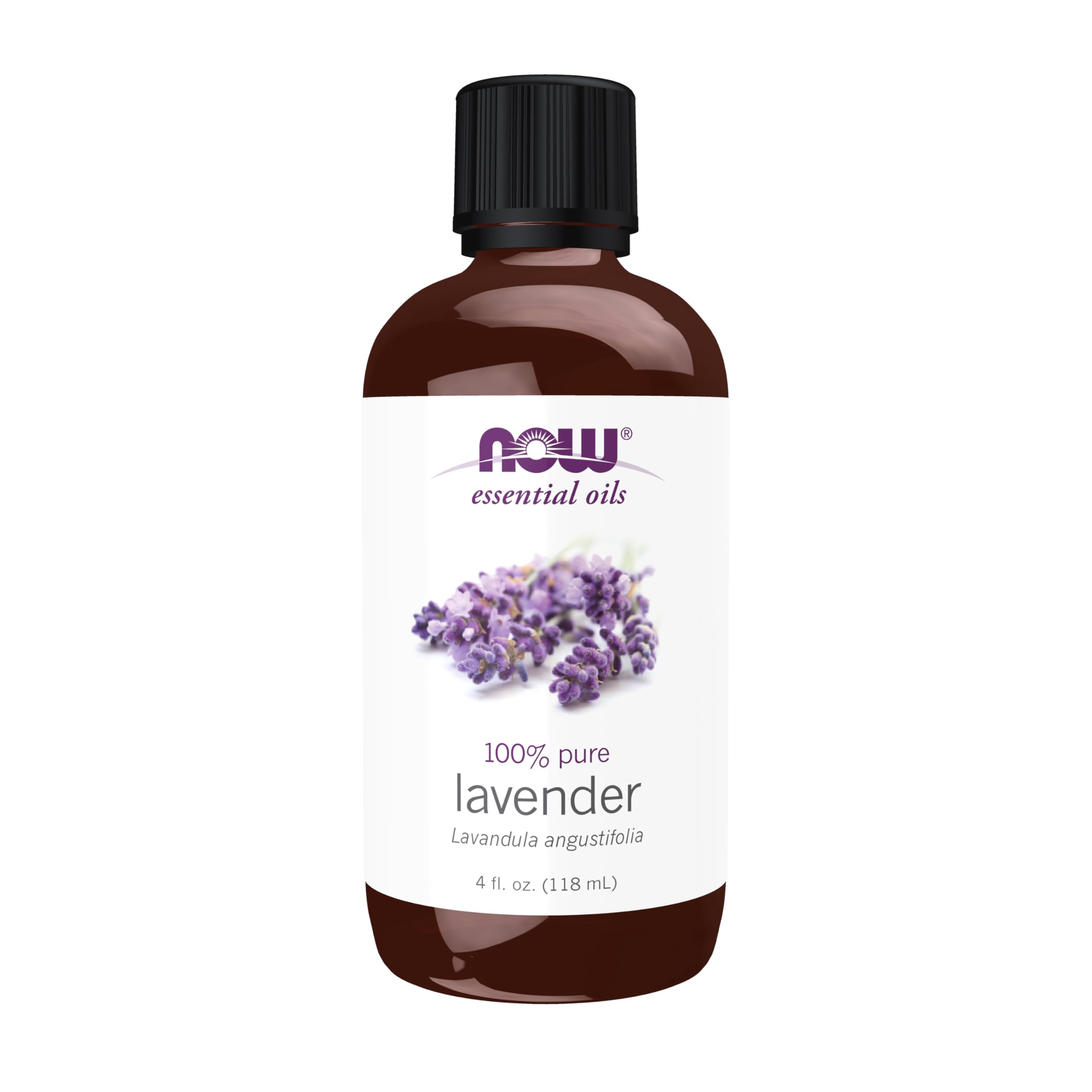 NOW Foods botella frontal de aceite de lavanda mostrando el envase y volumen