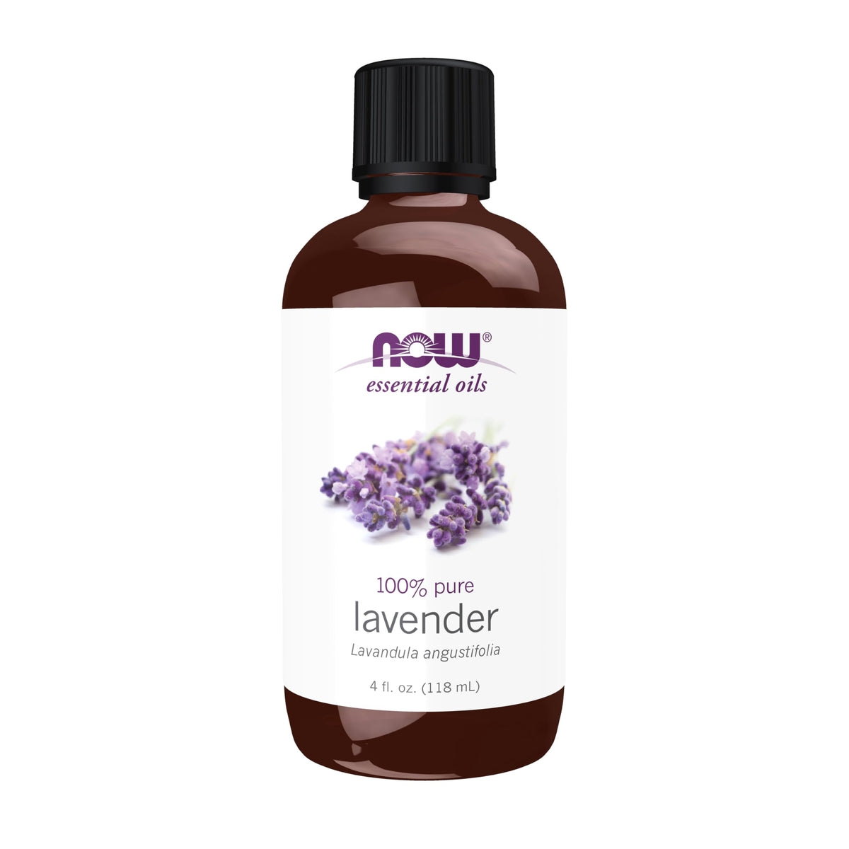 NOW Foods botella frontal de aceite de lavanda mostrando el envase y volumen