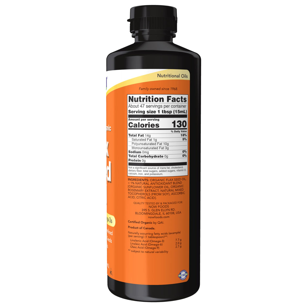 NOW Foods textura y color amarillo medio del aceite de lino, aspecto natural