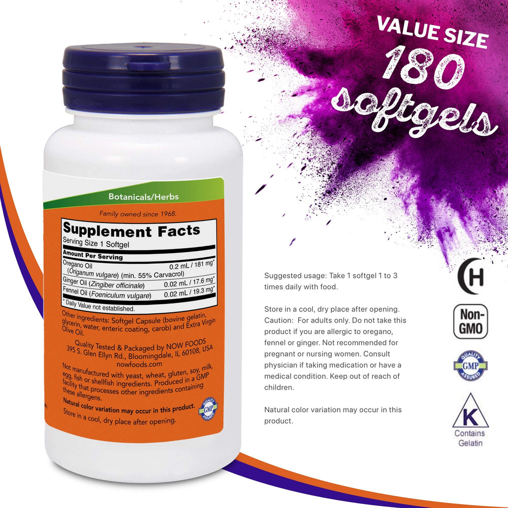 Etiqueta nutricional NOW Foods Aceite de Orégano mostrando concentración de carvacrol
