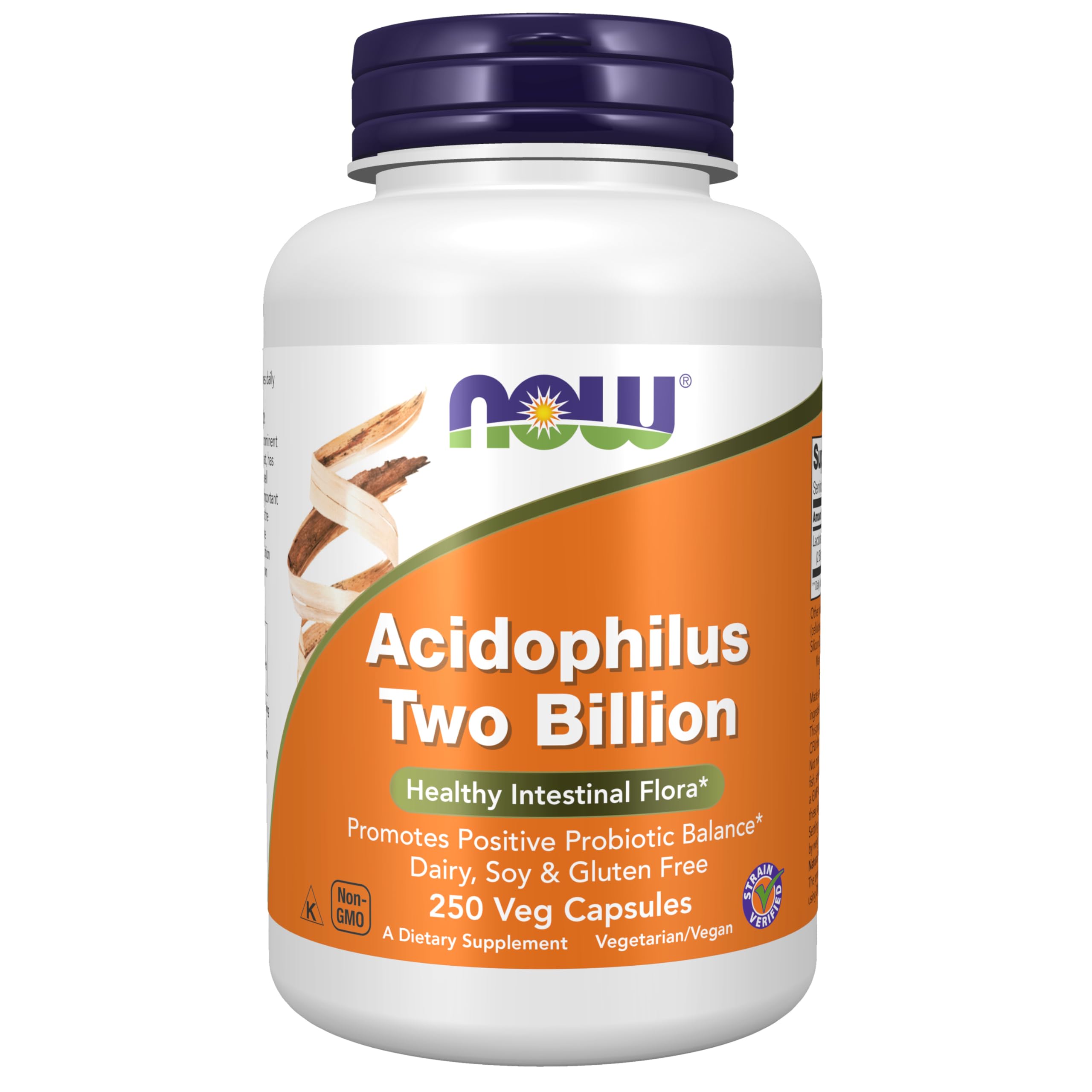 NOW Foods frasco frontal de Acidophilus Two Billion mostrando la marca y formato, útil para identificar el producto