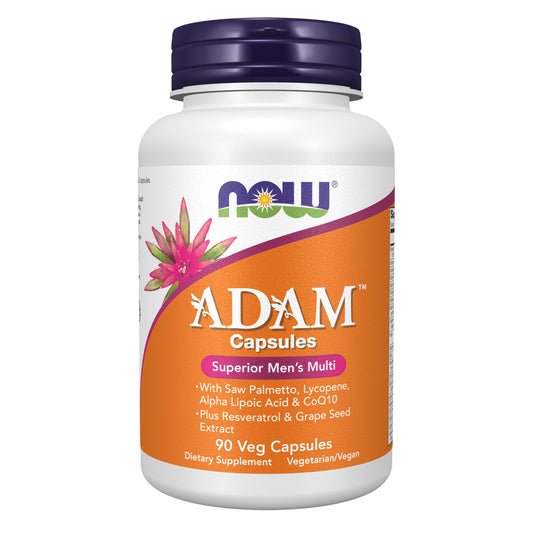 NOW Foods empaque frontal mostrando multivitamínico ADAM y beneficios generales