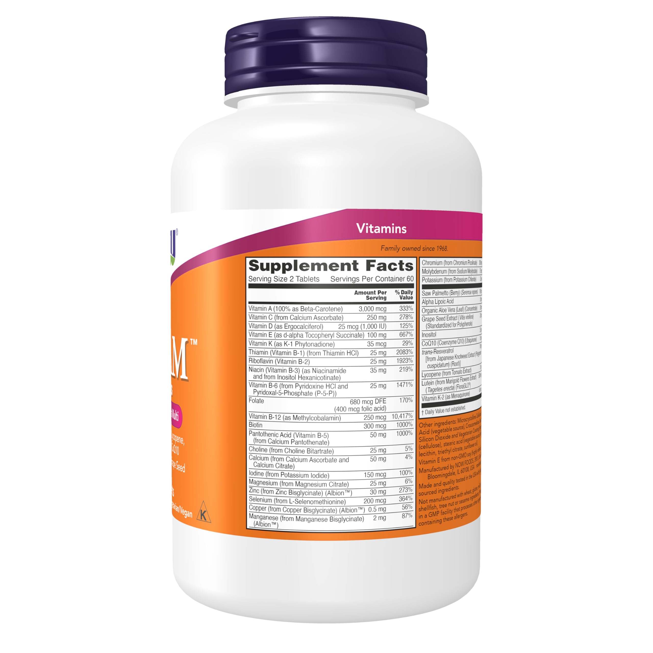 NOW Foods ADAM tabletas en primer plano que destacan su forma y calidad