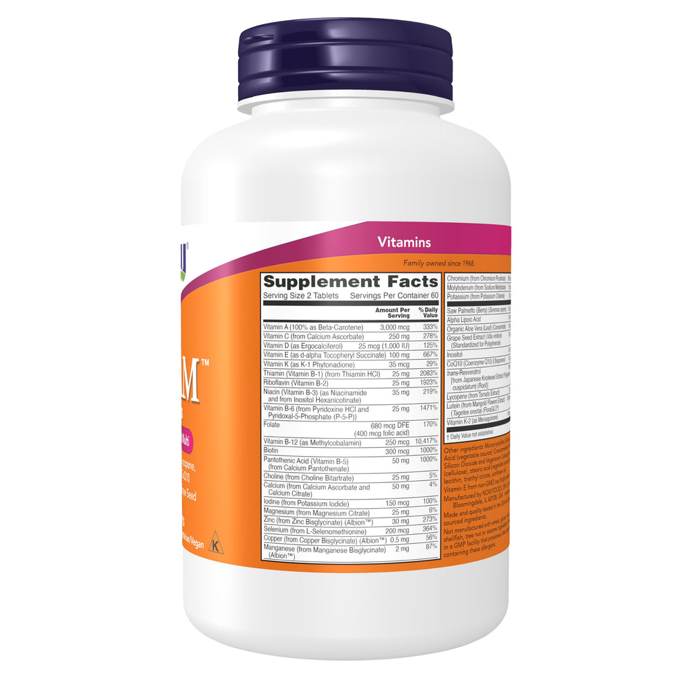 NOW Foods ADAM tabletas en primer plano que destacan su forma y calidad