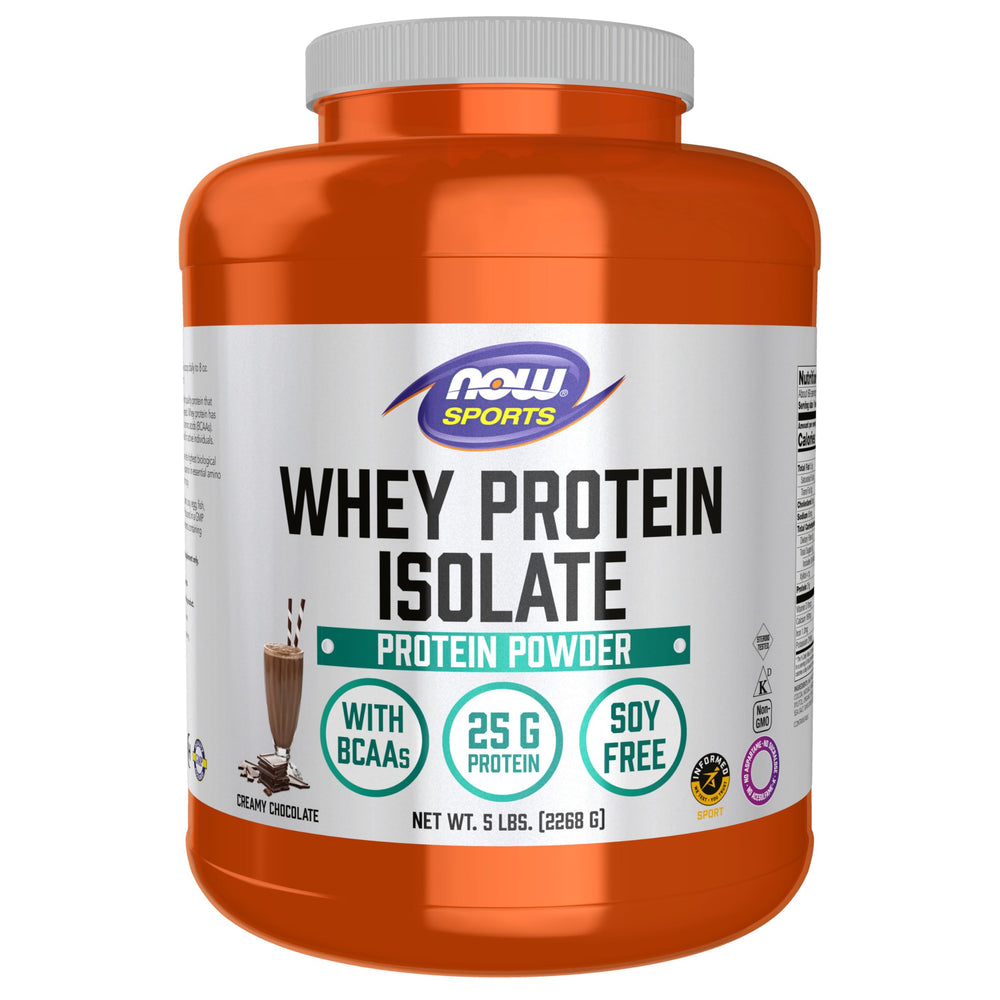 NOW Foods envase frontal de 5 libras con proteína aislada chocolate, claridad del producto