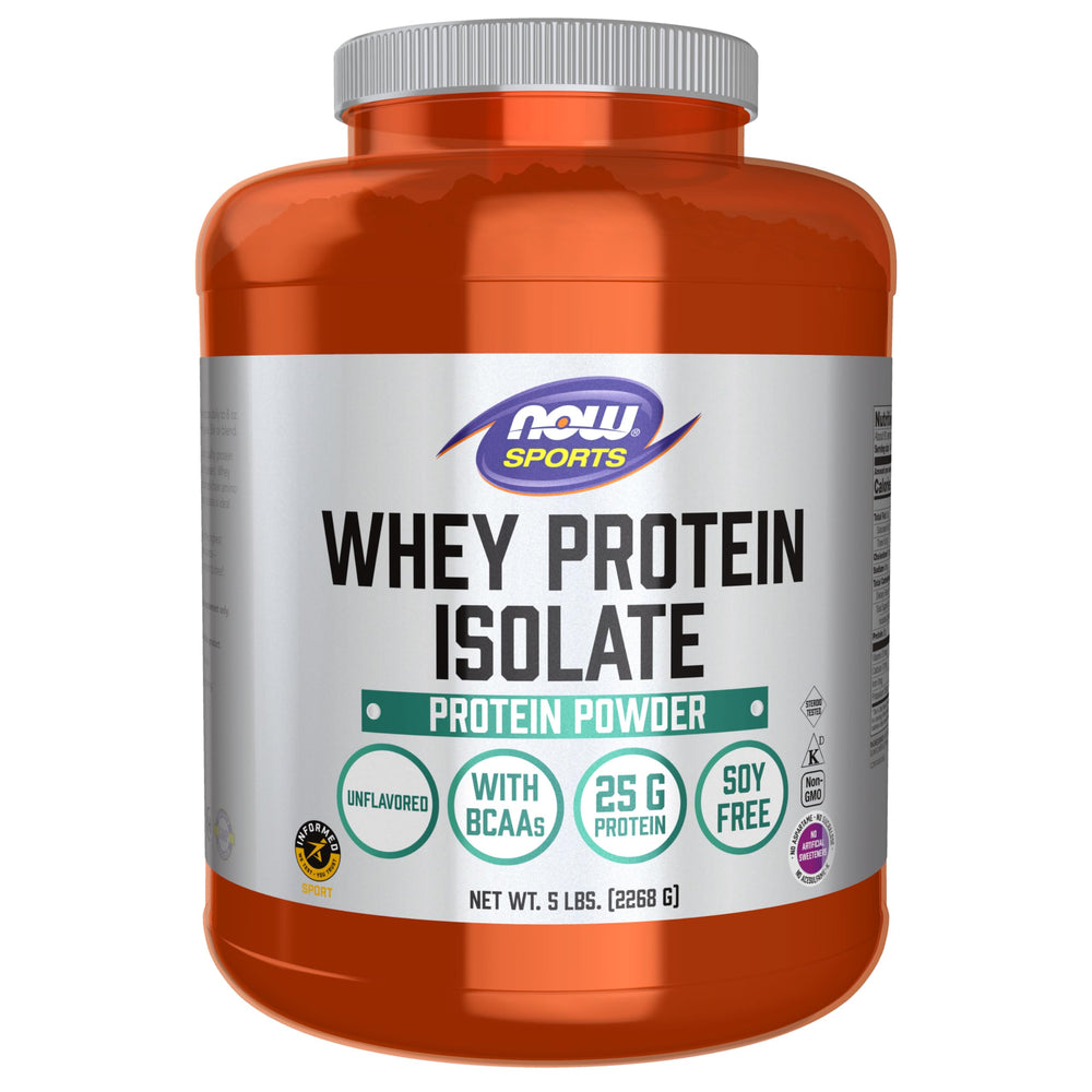 NOW Foods envase frontal del aislado de suero mostrando 5 libras y 25 g proteína