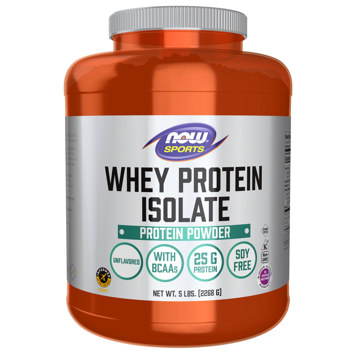 NOW Foods envase frontal del aislado de suero mostrando 5 libras y 25 g proteína