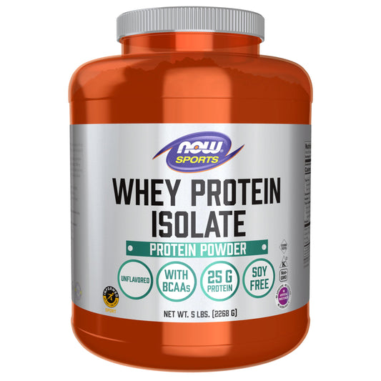 NOW Foods envase frontal del aislado de suero mostrando 5 libras y 25 g proteína