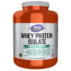 NOW Foods envase frontal del aislado de suero mostrando 5 libras y 25 g proteína