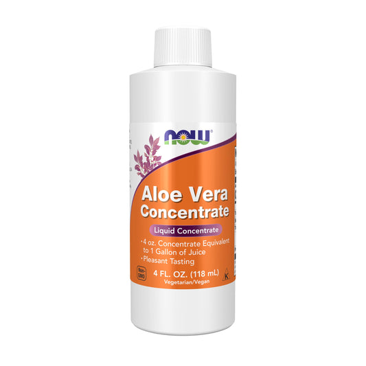 NOW Foods frasco frontal mostrando concentrado de aloe y etiqueta clara