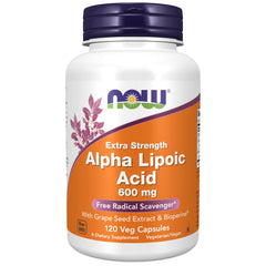 NOW Foods frasco frontal del producto ALA 600 mg mostrando etiqueta clara y beneficios