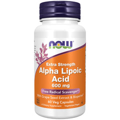 NOW Foods envase frontal mostrando 600 mg y beneficios antioxidantes
