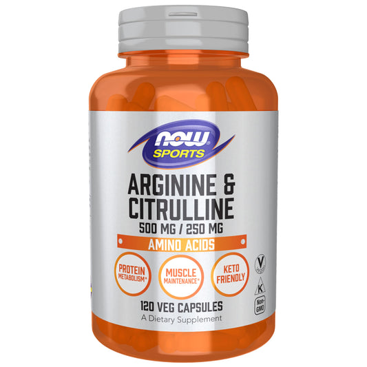 NOW Foods Arginine & Citrulline bottle for athletic support.