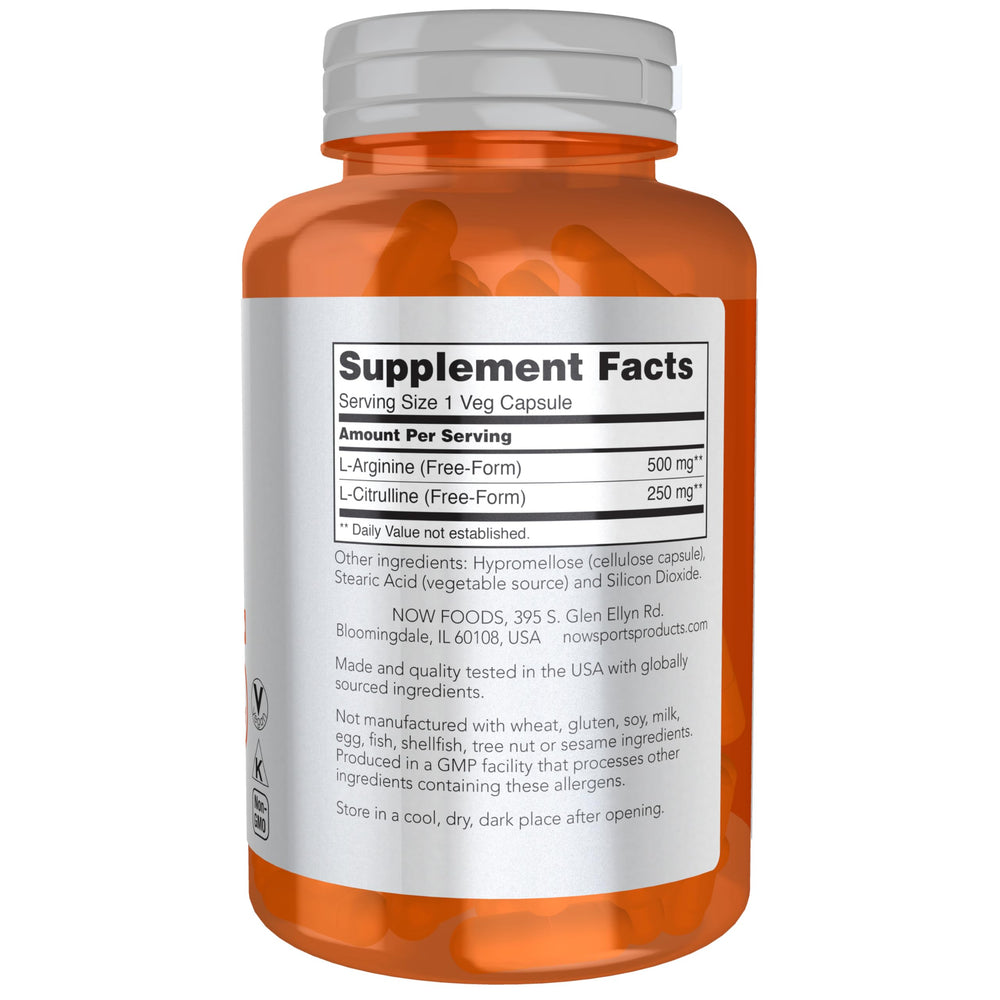 NOW Foods Arginine & Citrulline capsules closeup for sport use.