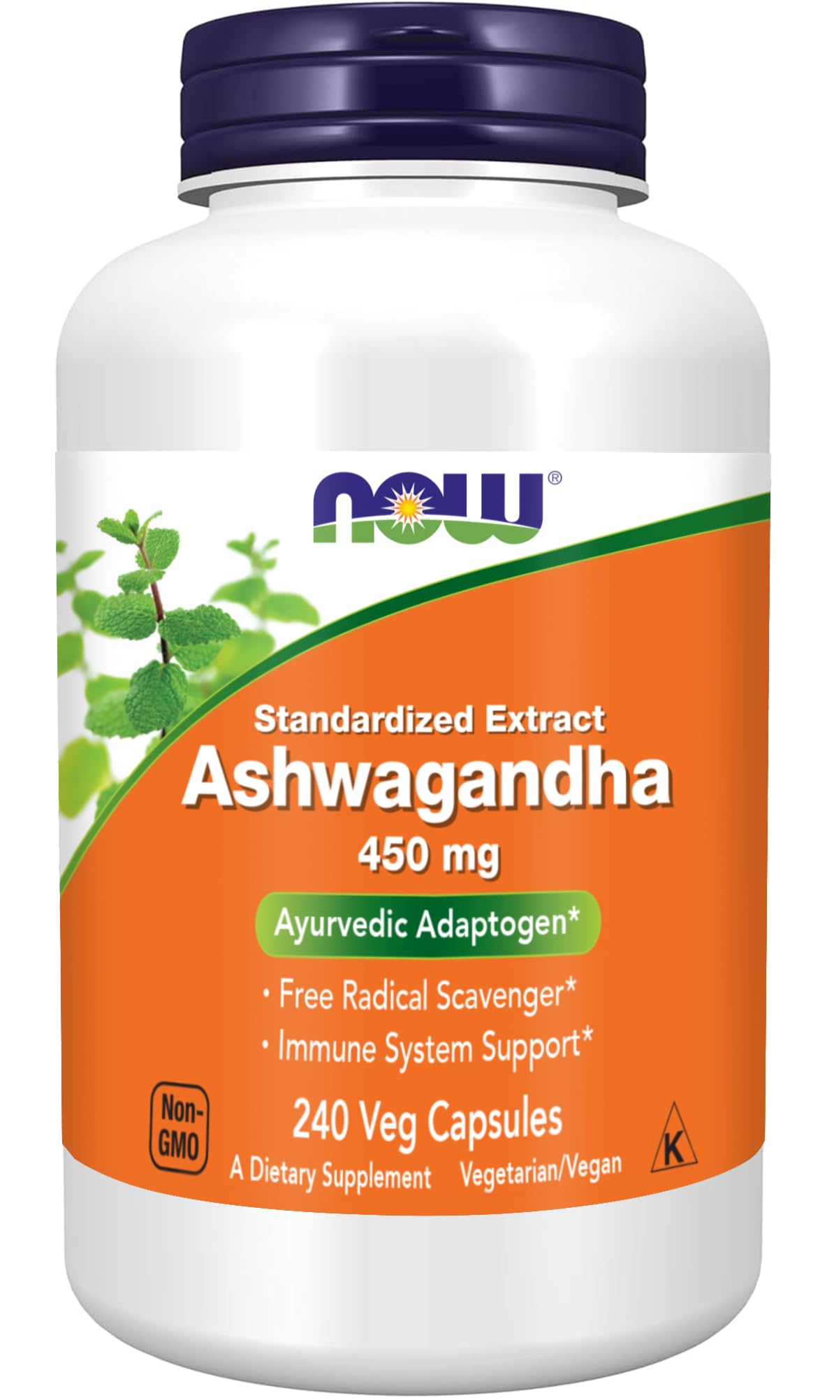 Frasco NOW Foods Ashwagandha 450 mg mostrando la etiqueta clara y beneficios