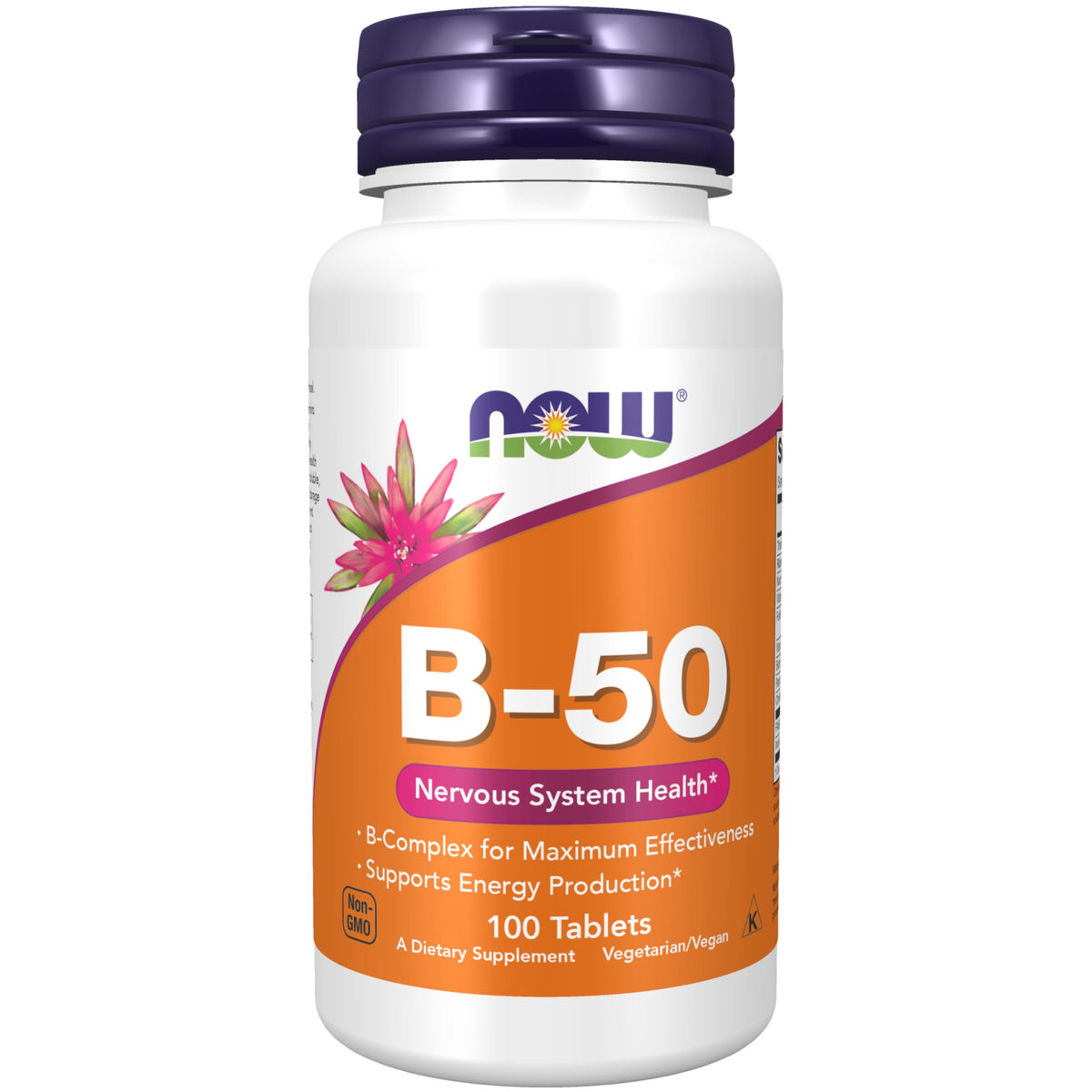 NOW Foods frasco frontal mostrando B-50 y beneficio de energía