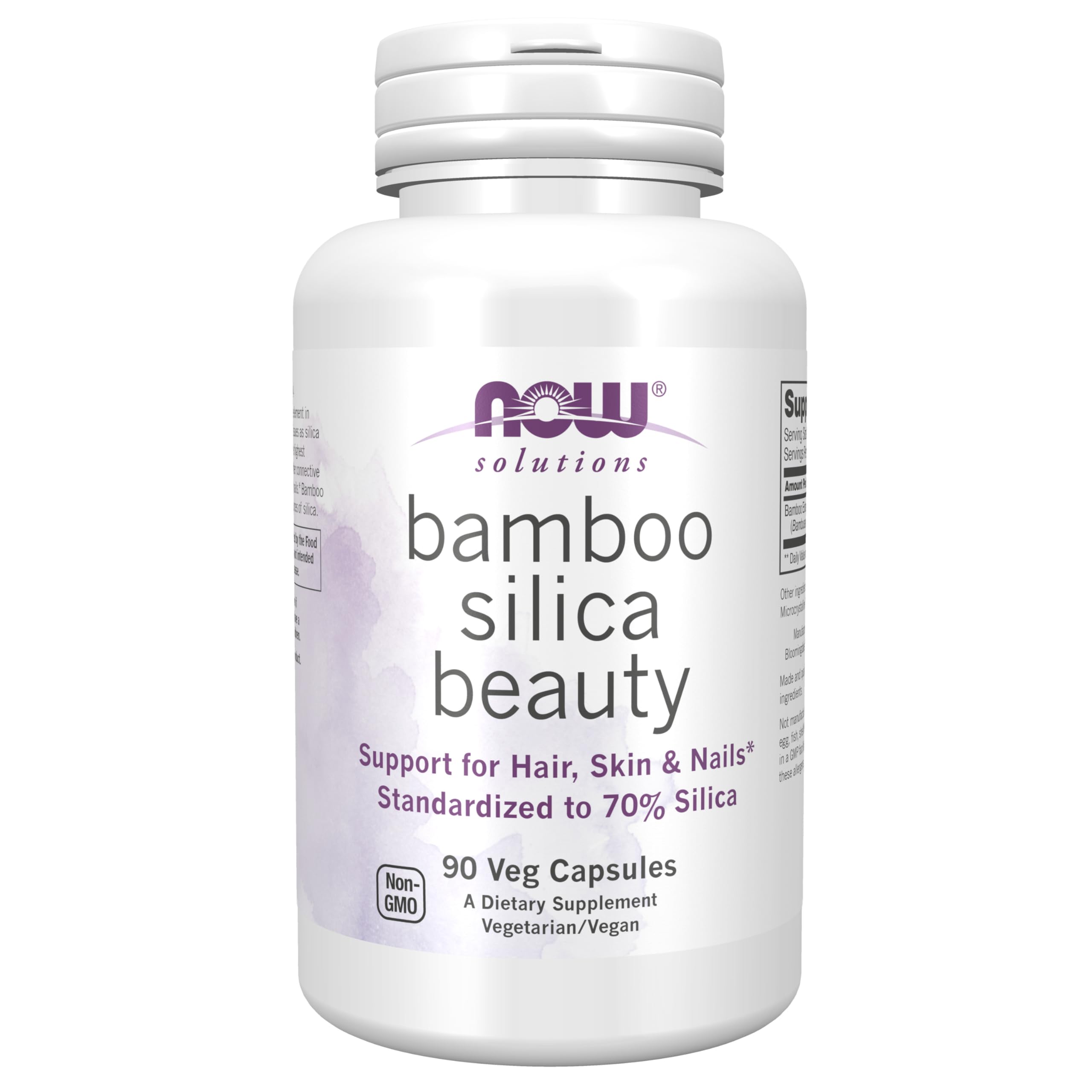 NOW Foods frasco frontal de Bamboo Silica Beauty, suplemento vegano