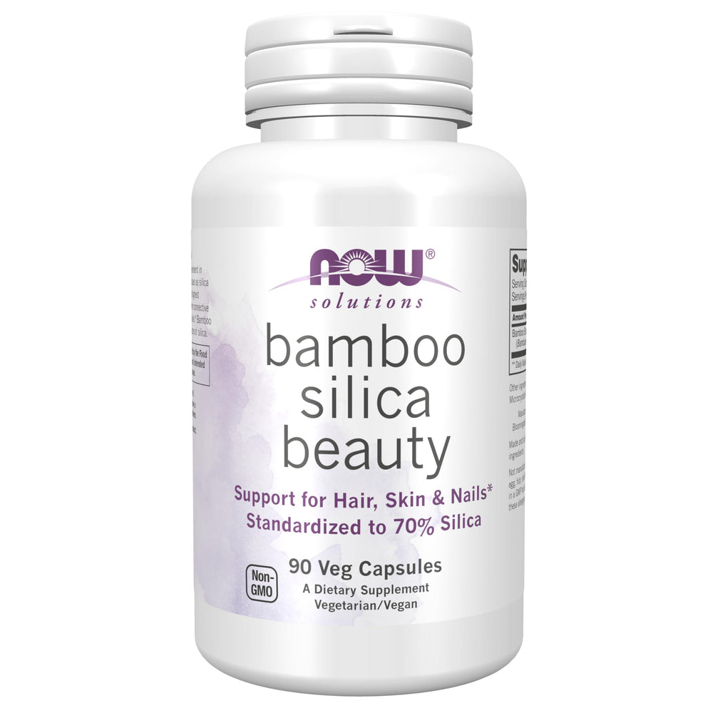 NOW Foods frasco frontal de Bamboo Silica Beauty, suplemento vegano