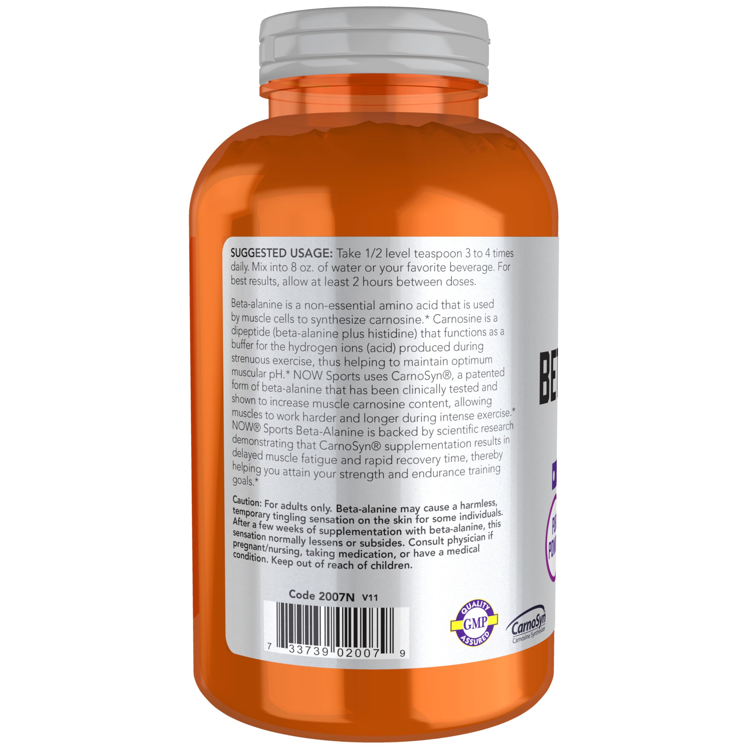 Etiqueta NOW Foods con CarnoSyn® y certificación GMP visible