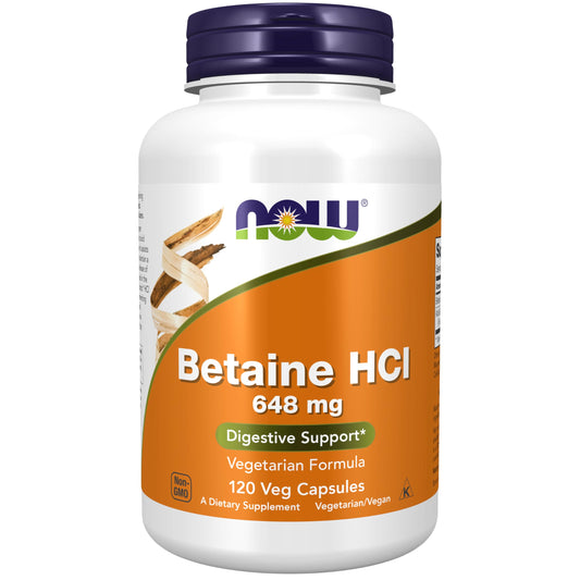 NOW Foods Betaine HCl 648 mg bottle front view supporting digestive comfort