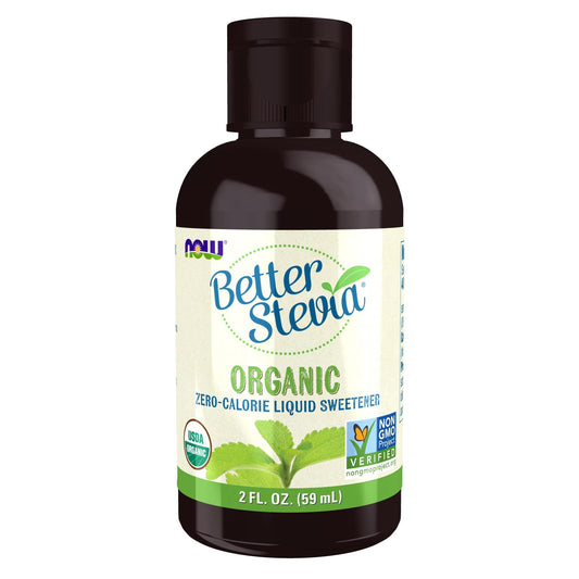 NOW Foods botella frontal de BetterStevia mostrando etiqueta orgánica y beneficio de sabor natural