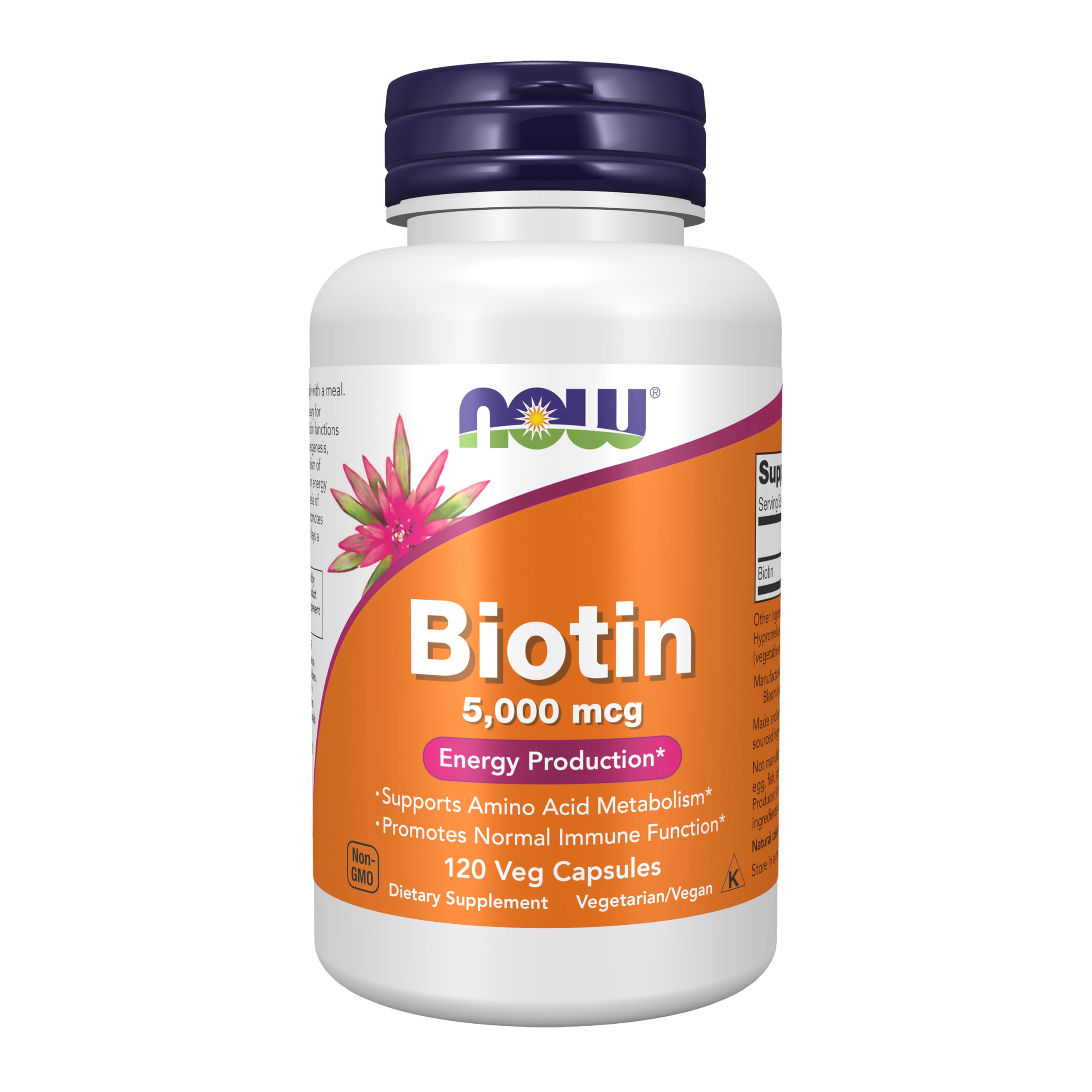 NOW Foods frasco frontal mostrando biotina 5.000 mcg y beneficios claros