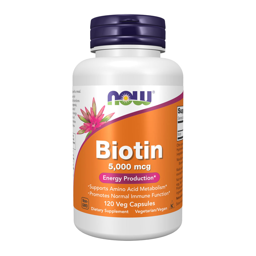 NOW Foods frasco frontal mostrando biotina 5.000 mcg y beneficios claros