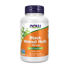 NOW Foods frasco frontal de Black Walnut Hulls mostrando etiqueta y cantidad