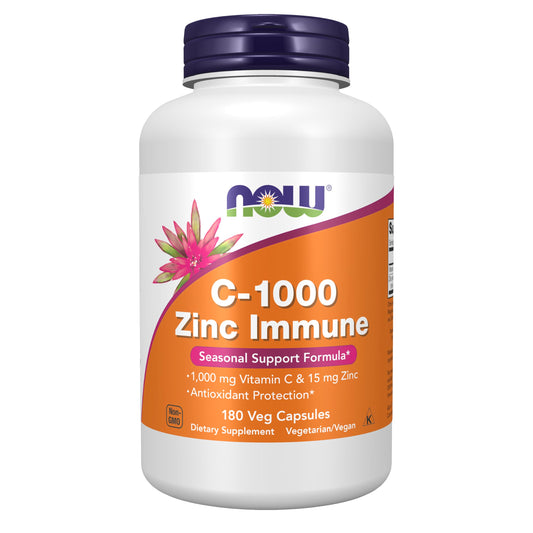 NOW Foods envase frontal C-1000 Zinc mostrando etiqueta clara y beneficios