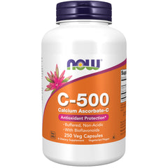 NOW Foods empaque frontal del suplemento C-500 mostrando tamaño y marca
