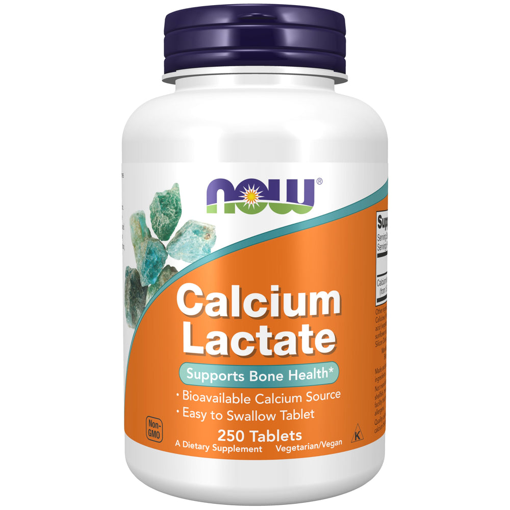 NOW Foods botella frontal de Calcium Lactate mostrando 250 comprimidos como fuente biodisponible de calcio