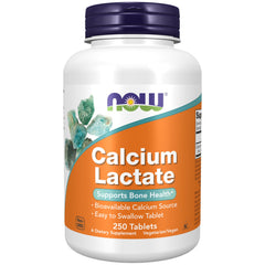 NOW Foods botella frontal de Calcium Lactate mostrando 250 comprimidos como fuente biodisponible de calcio
