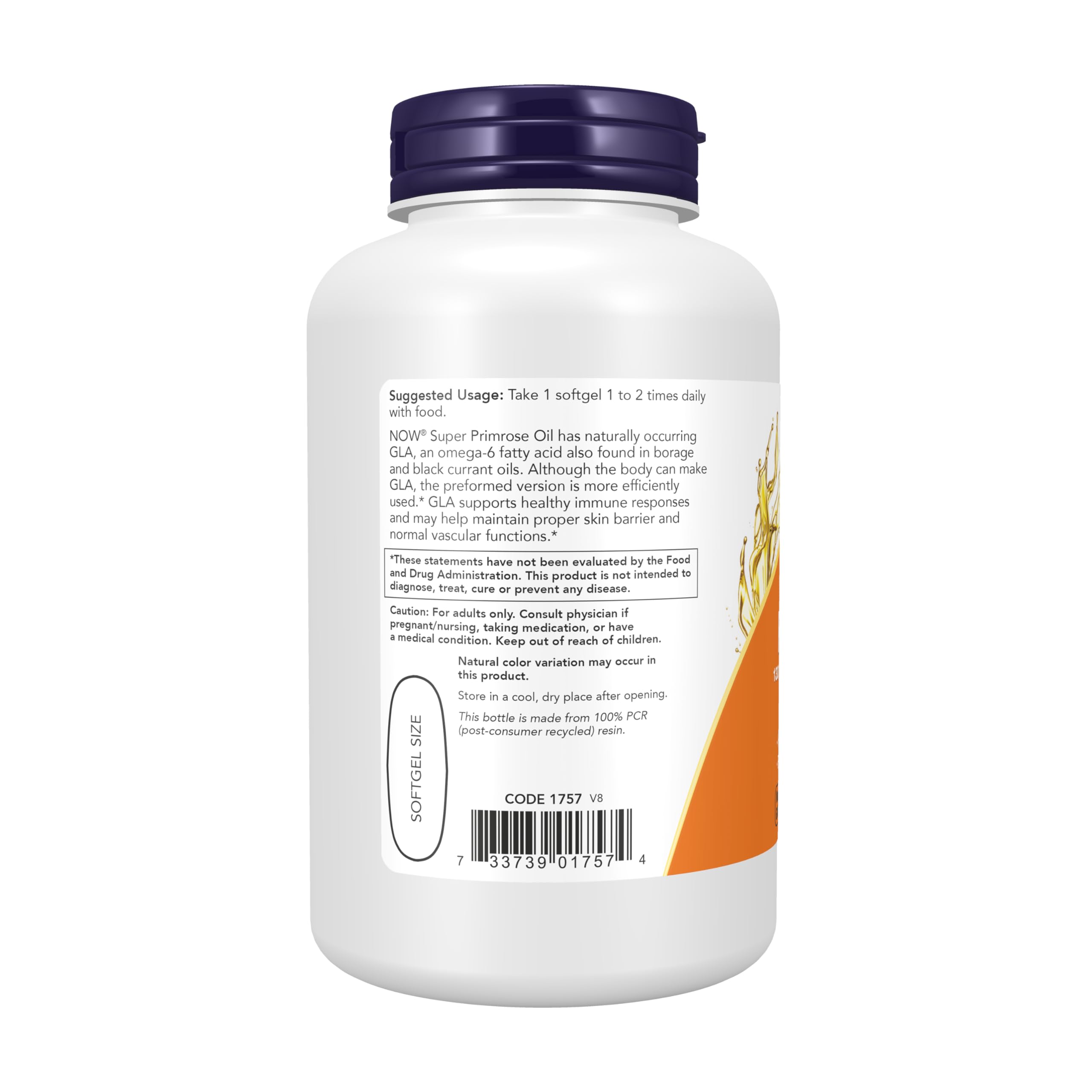 NOW Foods gota de aceite de onagra extraída de una cápsula enseñando pureza