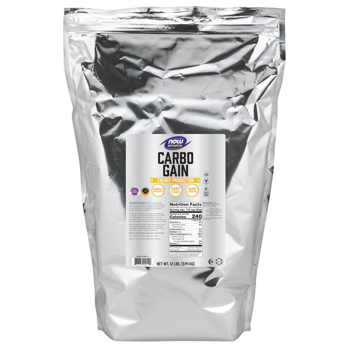 NOW Foods frente del empaque mostrando 12 lb y marca, confianza de calidad