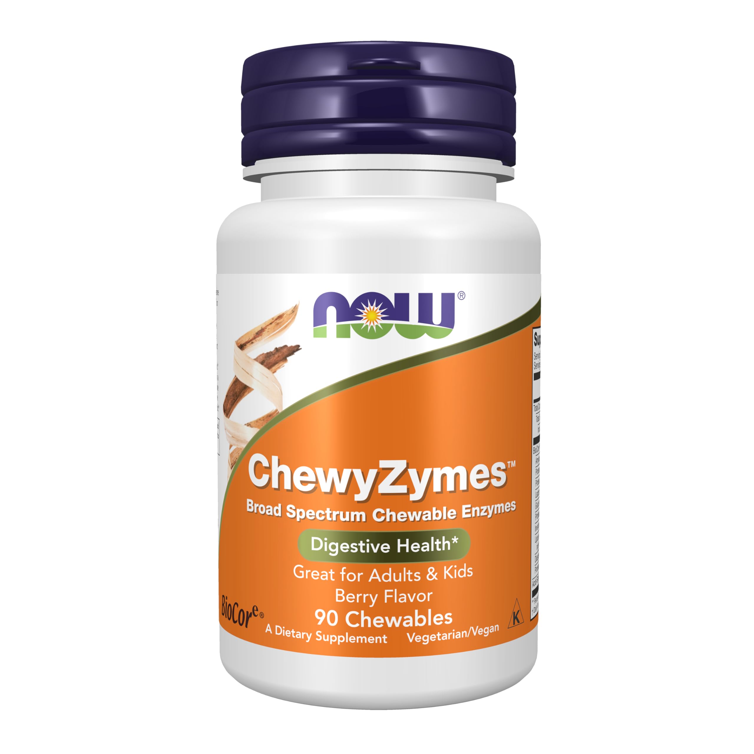 NOW Foods envase frontal de ChewyZymes que muestra la marca y la conveniencia
