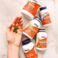 NOW Foods detalle de tabletas desde arriba mostrando pureza y forma