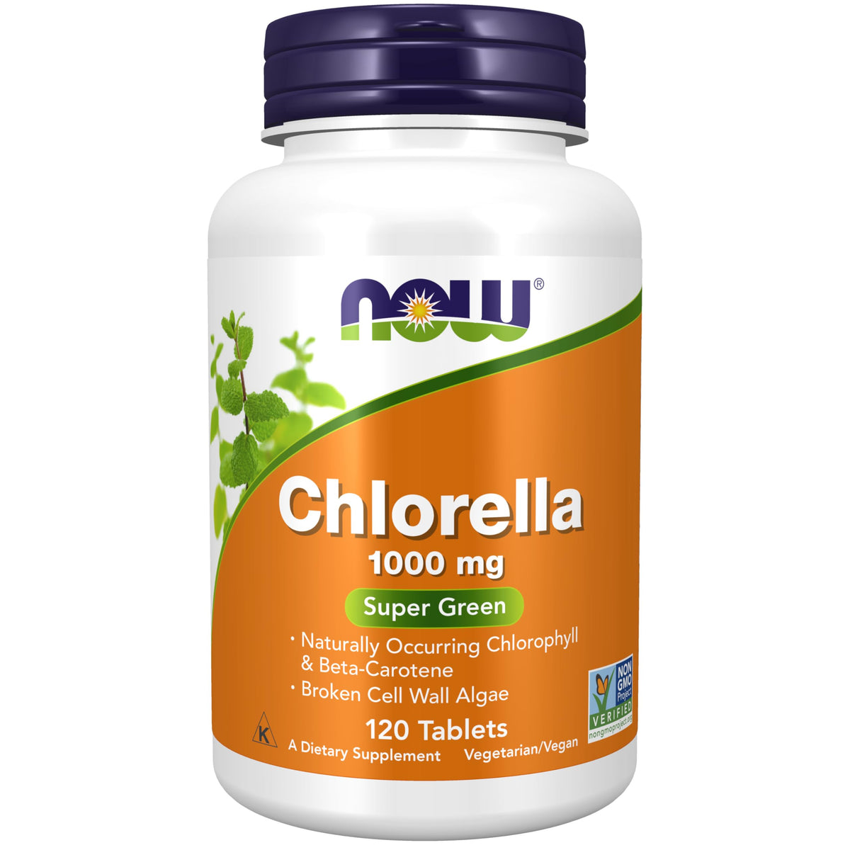 NOW Foods frasco frontal de chlorella mostrando la etiqueta y beneficio de ingredientes naturales