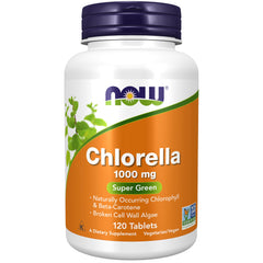 NOW Foods frasco frontal de chlorella mostrando la etiqueta y beneficio de ingredientes naturales