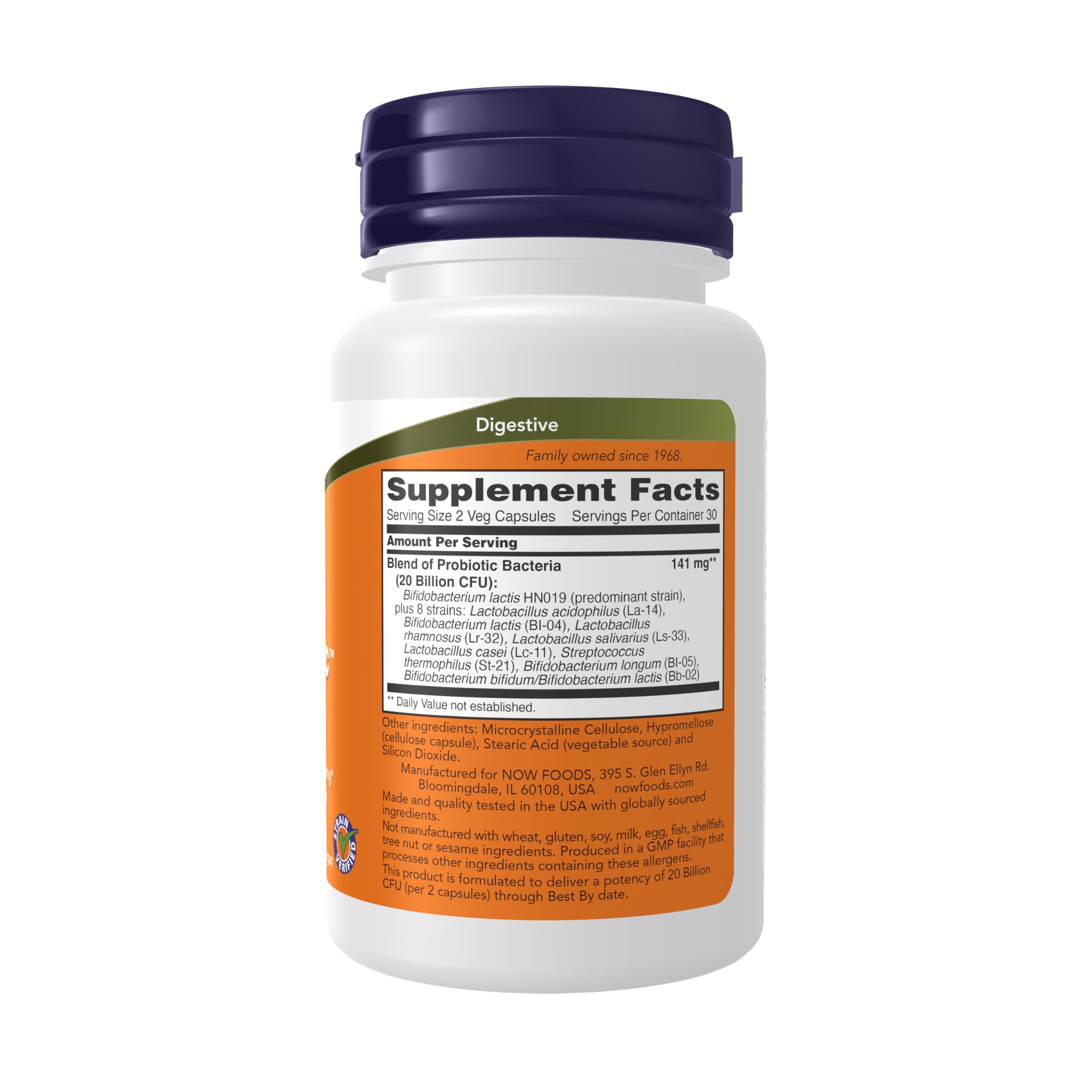 NOW Foods etiqueta con detalles de cepas y 20 mil millones CFU, transparencia informativa