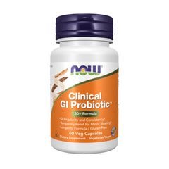 NOW Foods envase frontal Clinical GI Probiotic 50+ mostrando marca y cantidad, confianza
